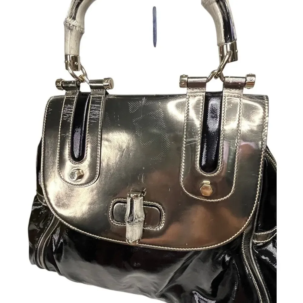 Gucci Dialux Pop Bamboo Top Handle Two Way Satchel Bag Black Silver Large